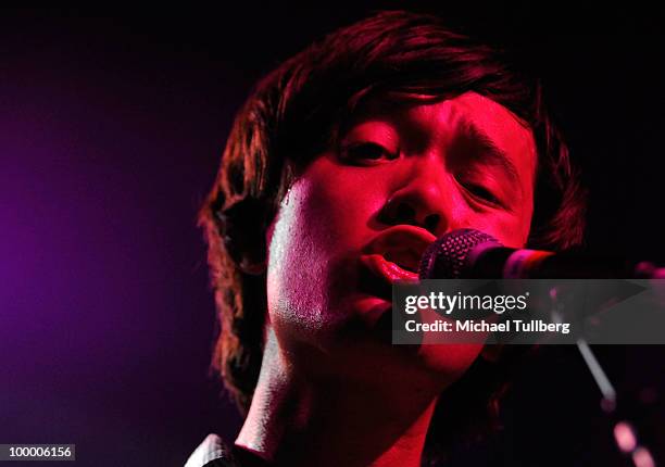 Singer/guitarist Christopher Chu performs with his group The Morning Benders at the Henry Fonda Theater on May 19, 2010 in Los Angeles, California.