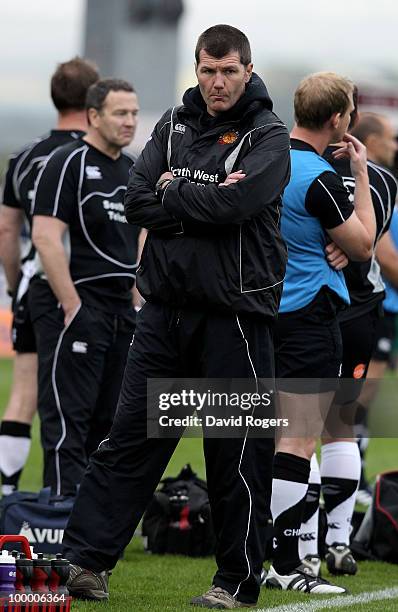 Rob Baxter, the Exeter Chiefs coach looks on during the Championship playoff final match, 1st leg between Exeter Chiefs and Bristol at Sandy Park on...