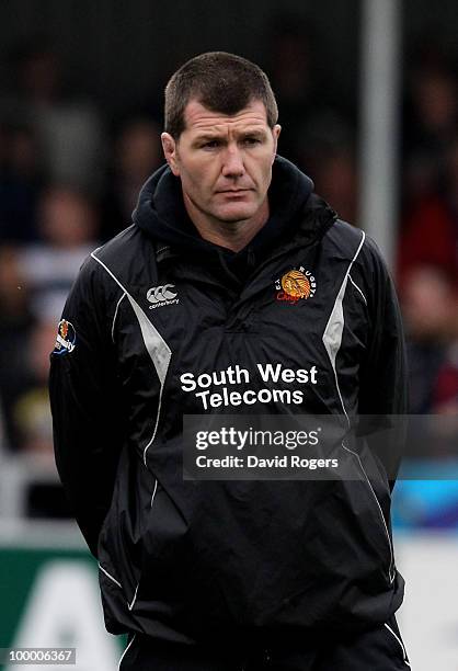 Rob Baxter, the Exeter Chiefs coach looks on during the Championship playoff final match, 1st leg between Exeter Chiefs and Bristol at Sandy Park on...