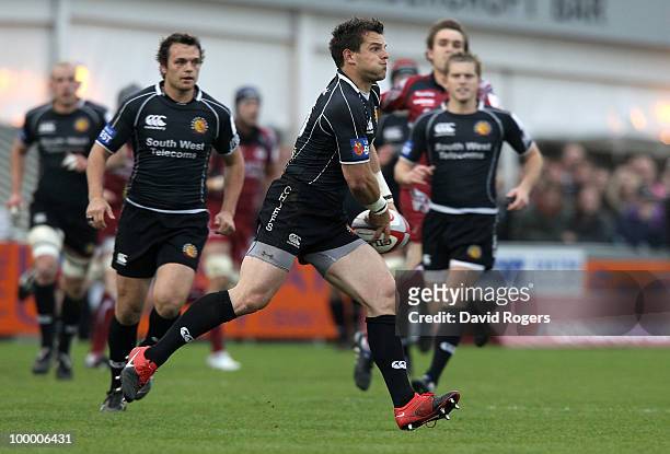 Mark Foster of Exeter passes the ball during the Championship playoff final match, 1st leg between Exeter Chiefs and Bristol at Sandy Park on May 19,...
