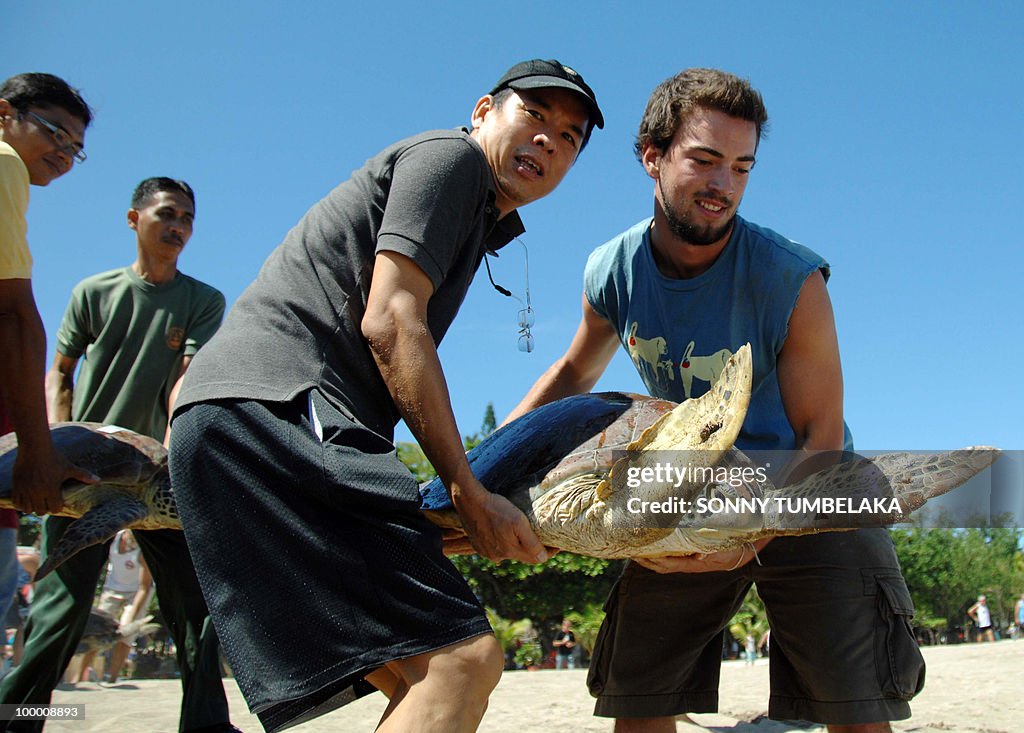 Tourists and locals carry a rescued gree