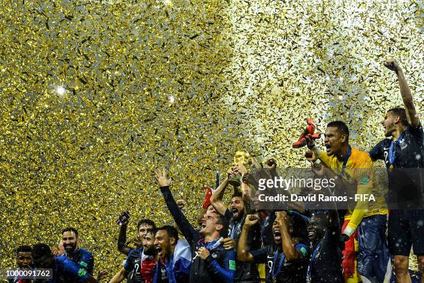 France players celebrate with the World Cup Trophy following their side victory in the 2018 FIFA World Cup Russia Final between France and Croatia at...