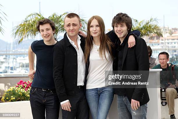 Actors Arthur Mazet, Jules Pelissier, actress Ana Girardot and actor Laurent Delbecque attend the "Lights Out" Photocall at the Palais des Festivals...