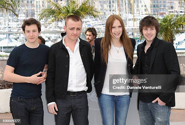 Actors Arthur Mazet, Jules Pelissier, Ana Girardot and Laurent Delbecque attend the 'Lights Out' Photo Call held at the Palais des Festivals during...