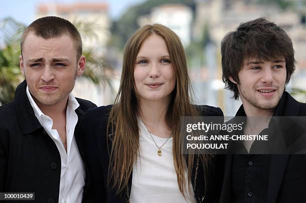 French actor Jules Pelissier, French actress Ana Girardot and French actor Laurent Delbecque pose during the photocall "Simon Werner a Disparu"...