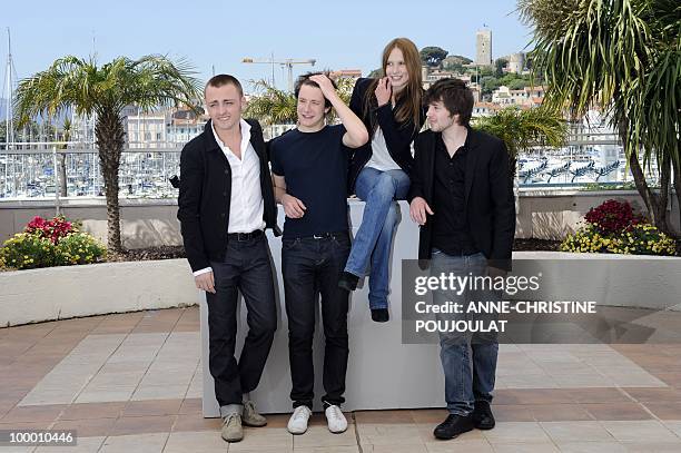 French actor Jules Pelissier, actor Yvan Tassin, French actress Ana Girardot and French actor Laurent Delbecque pose during the photocall "Simon...