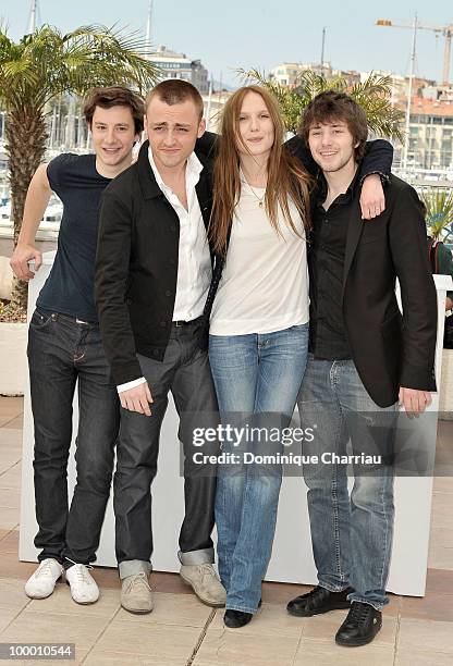 Actors Arthur Mazet, Jules Pelissier, actress Ana Girardot and actor Laurent Delbecque attend the 'Lights Out' Photo Call held at the Palais des...