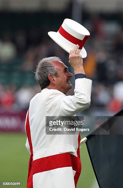 Peter Cross, the England unofficial team mascot races his hat during the Championship playoff final match, 1st leg between Exeter Chiefs and Bristol...