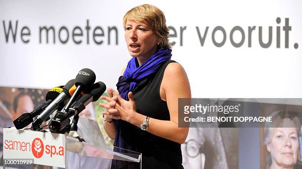 The Chairwoman of the SP.A Caroline Gennez gives a speech during the press conference to present the election campaign of the Flemish Socialist party...