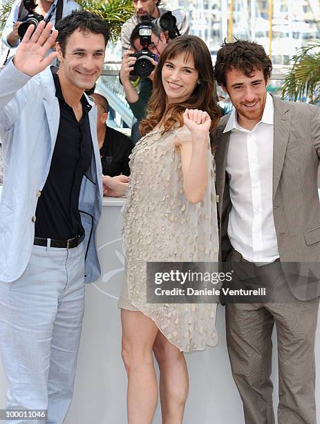 Actors Raoul Bova, Elio Germano and Stefania Montorsi attend the 'Our Life' Photo Call held at the Palais des Festivals during the 63rd Annual...