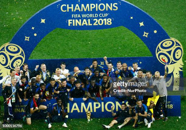 France v Croatia - FIFA World Cup Russia 2018 Final France team celebrates with the trophy during the award ceremony at Luzhniki Stadium in Moscow,...