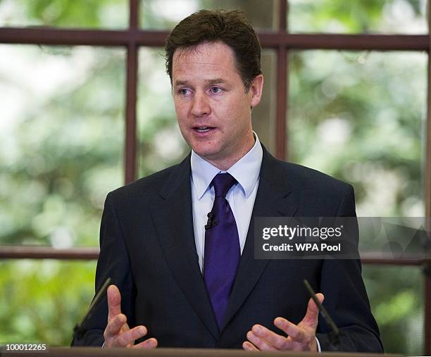 British Deputy Prime Minister Nick Clegg speaks during the launch of the Government Programme Coalition Agreement document in London, May 20, 2010....