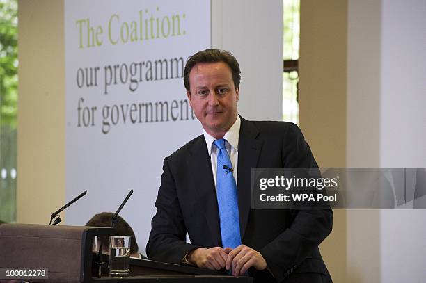 British Prime Minister David Cameron speaks during the launch of the Government Programme Coalition Agreement document in London, May 20, 2010. The...