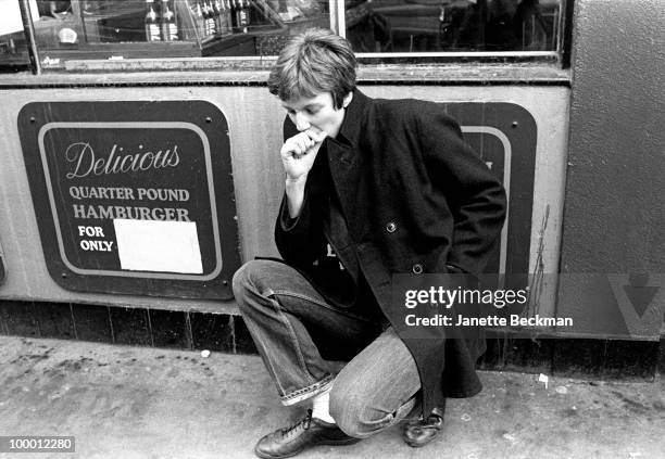 Portrait of British musician Simon Stebbing, of the mod rock group Purple Hearts in Soho, London, England, 1980.