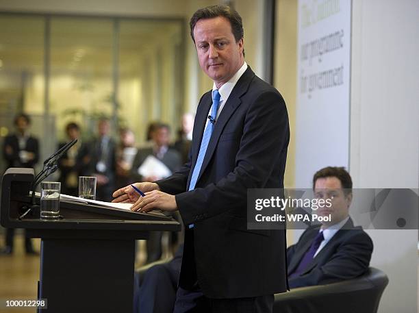 British Prime Minister David Cameron speaks during the launch of the Government Programme Coalition Agreement document in London, May 20, 2010. The...