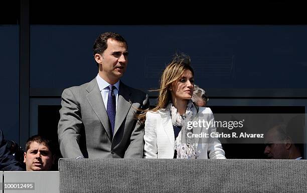 Prince Felipe of Spain and Princess Letizia of Spain are welcomed during her visit of "Infanta Leonor" school on May 20, 2010 in Castrillon,...