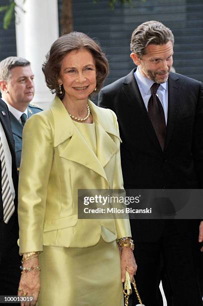 Queen Sofia of Spain and Greek Culture Minister Pavlos Geroulanos visit the new building of the Cervantes Institute in central Athens, on May 19,...