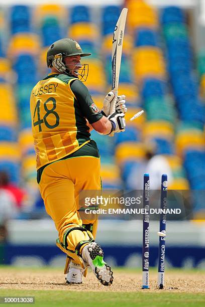 Australian batsman Michael Hussey is clean bowled during the ICC World Twenty20 Super Eight match between Australia and India at the Kensington Oval...