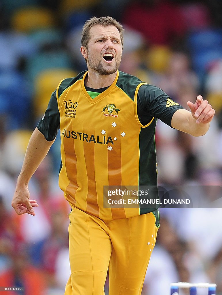 Australian bowler Dirk Nannes reacts dur