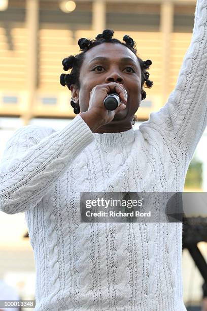 Singer Jay-B gives a show at the World Charity Soccer 2010 Charity Match for Haiti at Stade Charlety on May 19, 2010 in Paris, France.