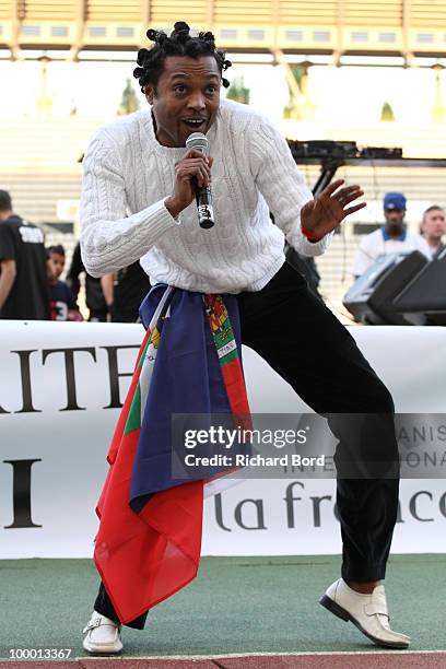 Singer Jay-B gives a show at the World Charity Soccer 2010 Charity Match for Haiti at Stade Charlety on May 19, 2010 in Paris, France.