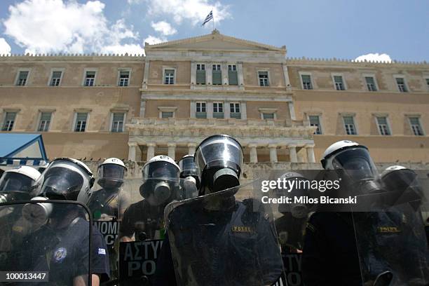 Greek riot police stand in formation at the Greek Parliament on May 20, 2010 in Athens, Greece. 25,000 people marched through central Athens to...