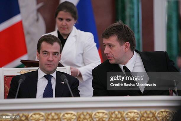 Russian President Dmitry Medvedev and Russian Minister of Justice Alexander Konovalov attend a meeting with Namibian President Pohamba at the Kremlin...