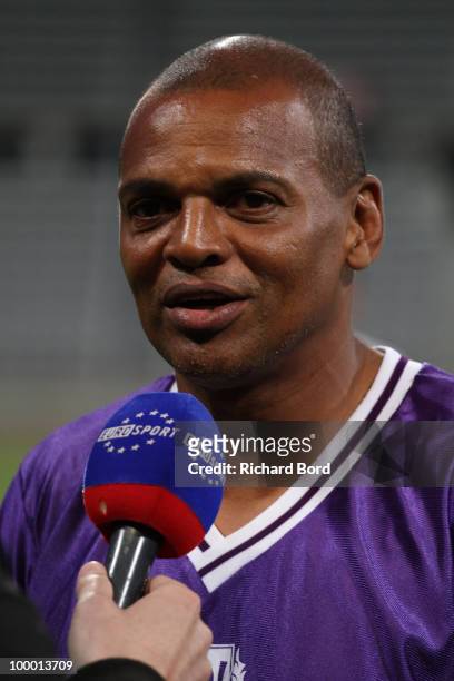 Bernard Lama gives an interview during the World Charity Soccer 2010 Charity Match for Haiti at Stade Charlety on May 19, 2010 in Paris, France.