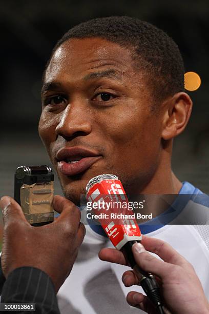 Jose Pierre Fanfan gives an interview during the World Charity Soccer 2010 Charity Match for Haiti at Stade Charlety on May 19, 2010 in Paris, France.