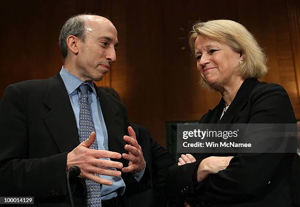 Securities and Exchange Commission Chairman Mary Schapiro and Commodity Futures Trading Commission Chairman Gary Gensler talk prior to testifying...