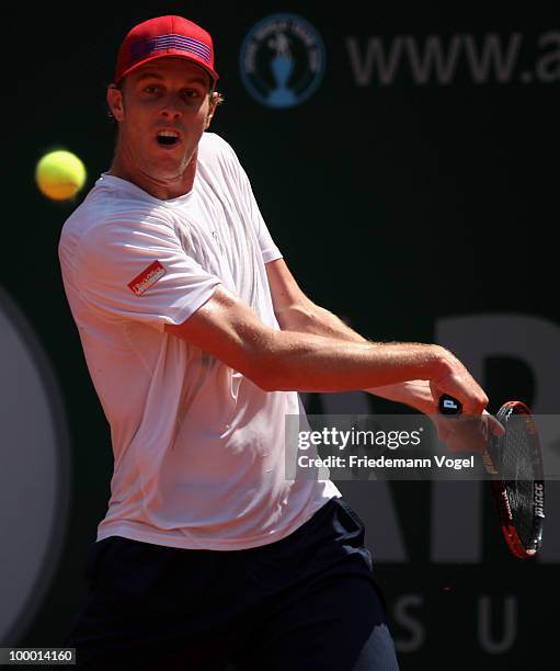 Sam Querrey of USA in action during his match against Jan Hajek of Czech Republic during day five of the ARAG World Team Cup at the Rochusclub on May...