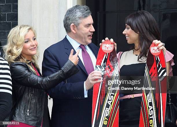 Helen Skelton, Gordon Brown and Chrsitine Bleakley pose at Number 10 Downing Street for Sport Relief visit at Downing Street on March 16, 2010 in...