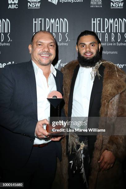 Stephen Page and Beau Dean Riley Smith pose with the award for Best Dance Production for 'Bennelong' during at the 18th Annual Helpmann Awards at...