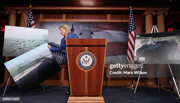 Senate Small Business committee Chairwoman Mary Landrieu shows charts of Louisiana during a news conference at the U.S. Capitol on May 20, 2010 in...