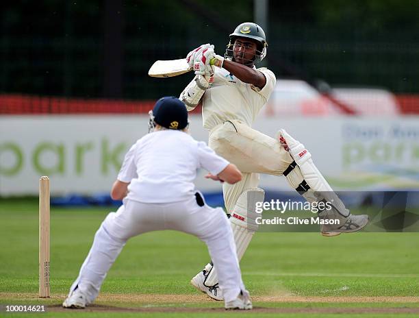 Imrul Kayes of Bangladesh in action batting during day two of the match between England Lions and Bangladesh at The County Ground on May 20, 2010 in...