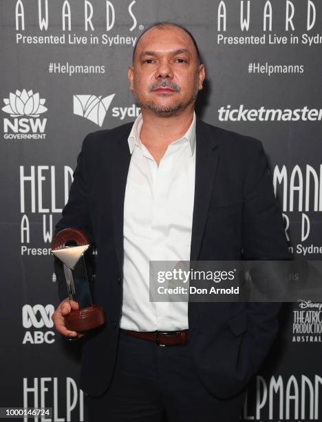 Stephen Page poses with the award for Best New Australian Work for 'Bennelong' at the 18th Annual Helpmann Awards at Capitol Theatre on July 16, 2018...