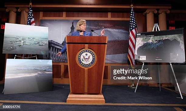 Senate Small Business committee Chairwoman Mary Landrieu points to charts of Louisiana during a news conference at the U.S. Capitol on May 20, 2010...