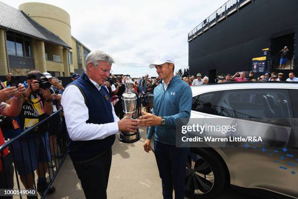 Jordan Spieth of the United States, winner of the 146th Open Championship, returns the Claret Jug to R&A Chief Executive, Martin Slumbers on the...