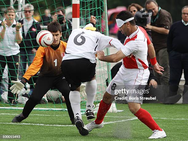 Dinc Cengiz of Germany shoots the ball during the Blind Football National match between Germany and Turkey on the �Day of Blind Football� in front of...