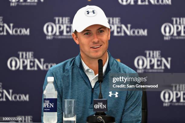 Jordan Spieth of the United States, winner of the 146th Open Championship talks in a press conference during previews ahead of the 147th Open...