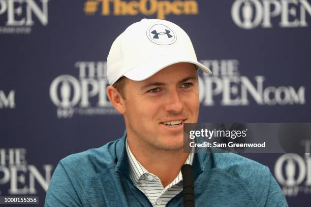 Jordan Spieth of the United States, winner of the 146th Open Championship talks in a press conference during previews ahead of the 147th Open...