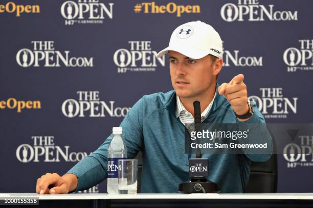 Jordan Spieth of the United States, winner of the 146th Open Championship talks in a press conference during previews ahead of the 147th Open...