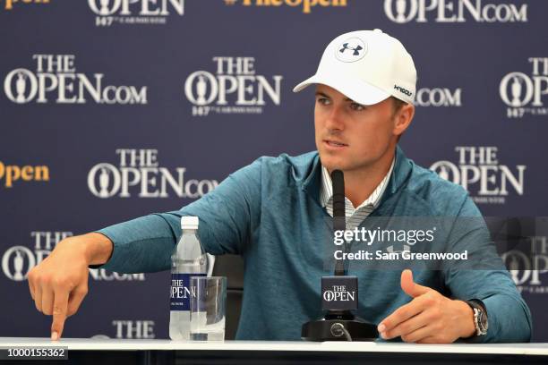 Jordan Spieth of the United States, winner of the 146th Open Championship talks in a press conference during previews ahead of the 147th Open...