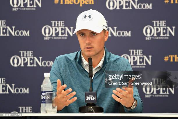 Jordan Spieth of the United States, winner of the 146th Open Championship talks in a press conference during previews ahead of the 147th Open...