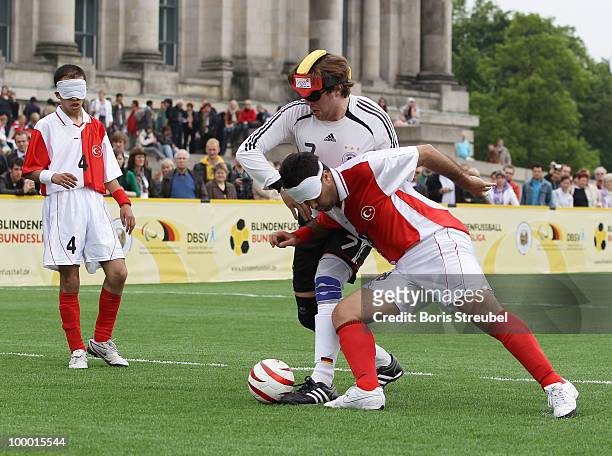 Lukas Smirek of Germany battles for the ball with players of Turkey during the Blind Football National match between Germany and Turkey on the �Day...