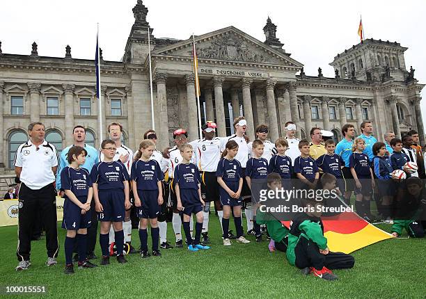 The team of Germany lines up prior to the Blind Football National match between Germany and Turkey on the �Day of Blind Football' in front of the...