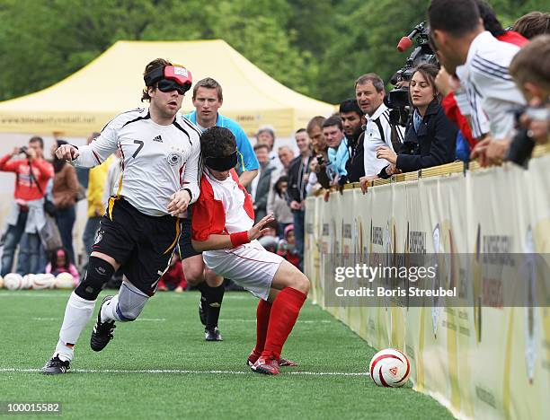 Lukas Smirek of Germany battles for the ball with a player of Turkey during the Blind Football National match between Germany and Turkey on the �Day...