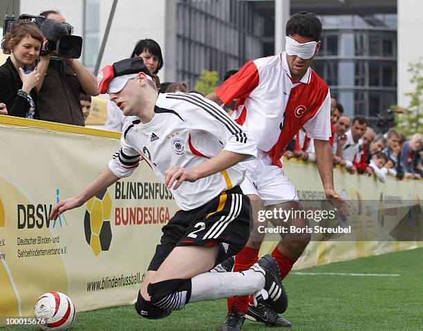 Alexander Fangmann of Germany battles for the ball with a player of Turkey during the Blind Football National match between Germany and Turkey on the...