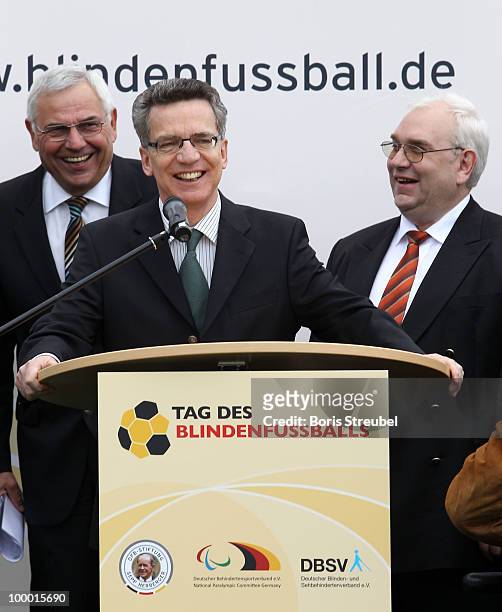 Thomas de Maiziere , German Interior Minister holds a speech on the 'Day of Blind Football�' in front of the Reichstag on May 20, 2010 in Berlin,...