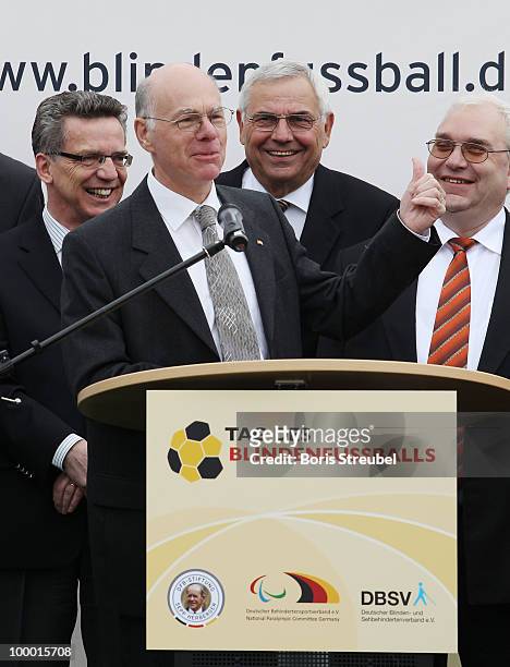Norbert Lammert, president of the Bundestag holds a speech on the 'Day of Blind Football�' in front of the Reichstag on May 20, 2010 in Berlin,...